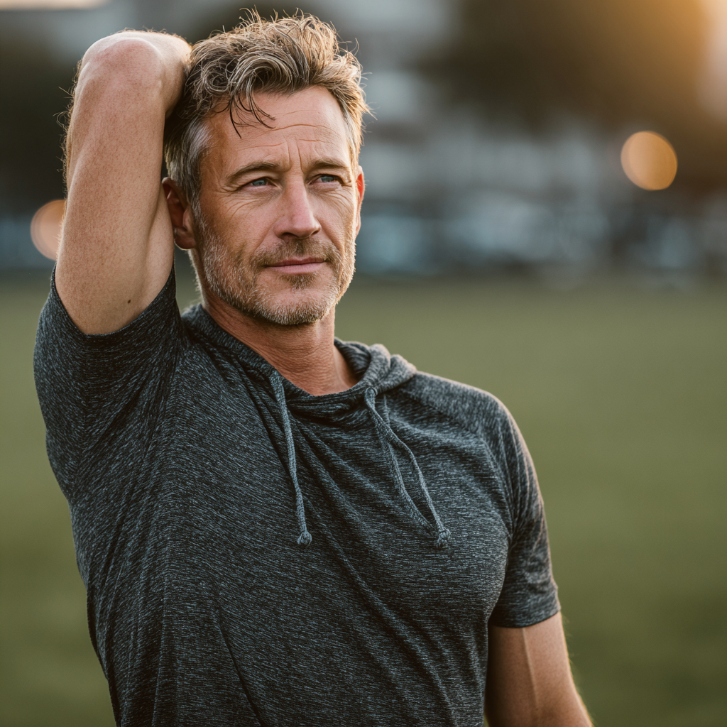 Mature man in his late 40s doing stretching exercises outdoors in a park, wearing comfortable workout clothes and showing a confident, healthy lifestyle